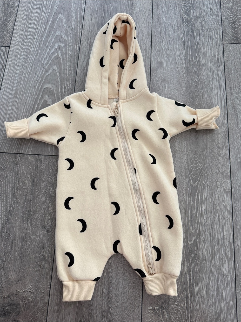 Cream Hooded Baby One-Piece with Black Crescent Moon Print